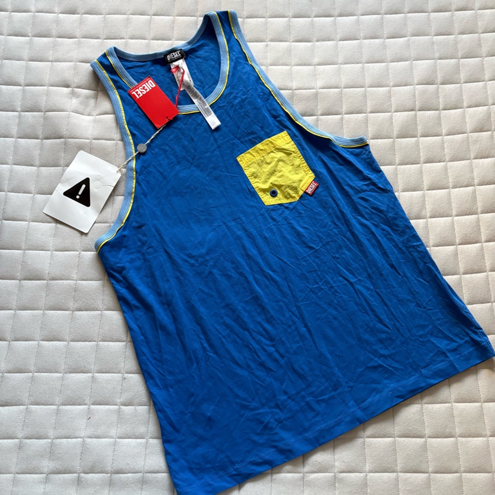 Diesel Men’s Blue Tank Top with Yellow Pocket